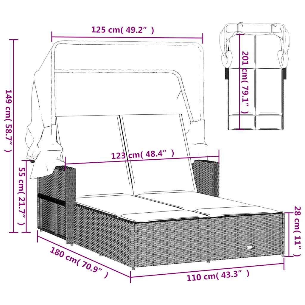 Double Sun Lounger with Canopy and Cushions Beige Poly Rattan