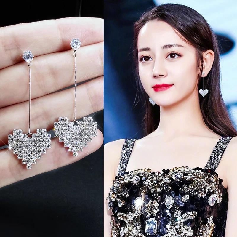 Korean Temperament Versatile Rhinestone Heart Long Section Earings Jewelry Personality Statement Earrings For Women
