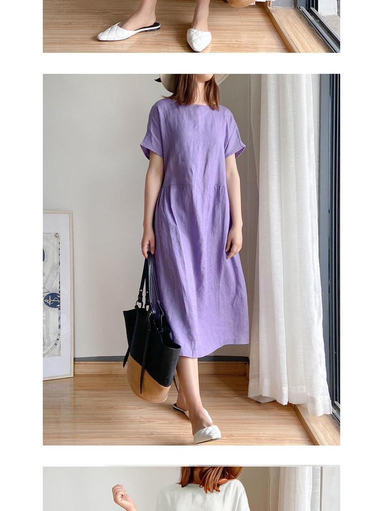 Cross-border Summer A-line Midi Dress: Short Sleeve, Solid Color, Literary Style, Women's Loose Fit