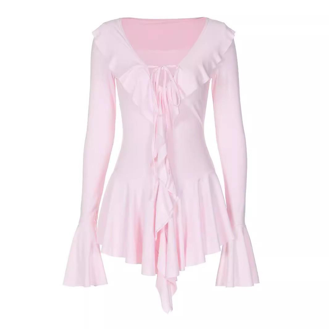 

Temperament Slim Fit Ruffled Color Long Sleeves Tie Dress For Women