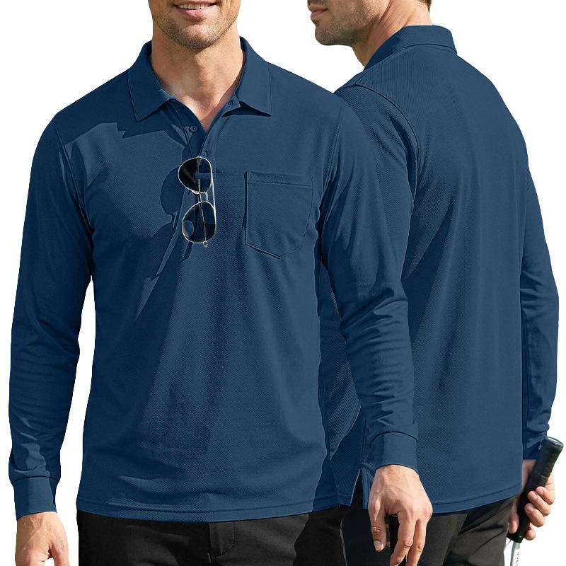 Men S Loose Fit Long Sleeve Solid Mesh Fabric Turn Down Collar Casual Outdoor Sport Polo Shirt