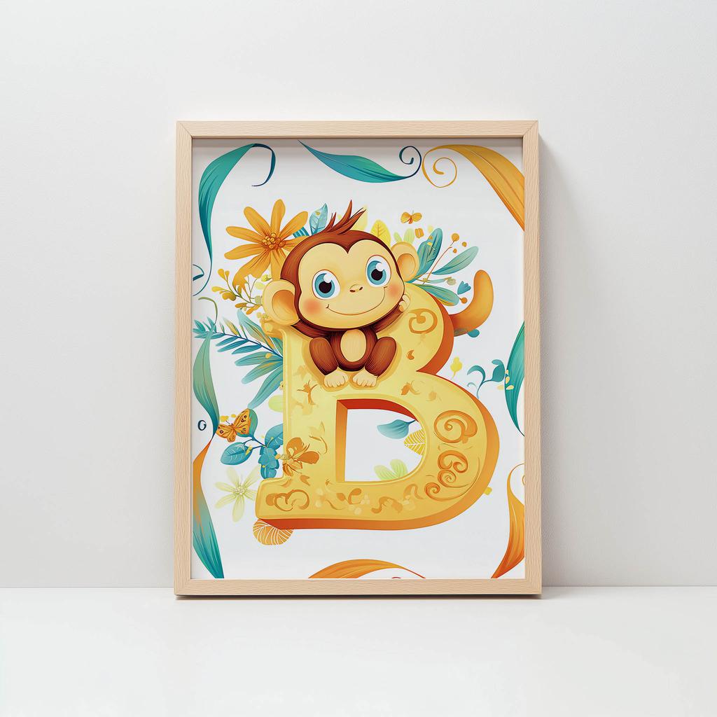 Plakat Wesoła Małpka Na Literze B Plakat Wesoła Małpka Na Literze B, 40X50 Cm, Rama Aluminiowa Czarna, Papier Matowy 230 Gsm
