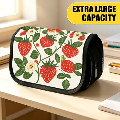 Double Layer Large Pencil Case, Vibrant Printed Pencil Pouch with Strawberry Garden Design, Fashion Storage Bag, Portable Pencil Case with Zipper, Dur