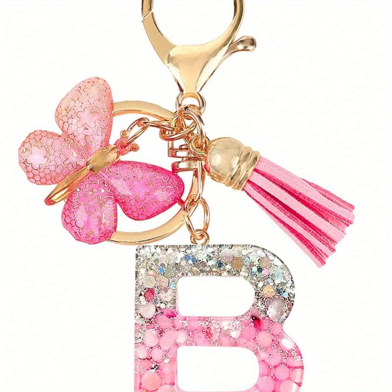 Personalized Bling Monogram Keychain for Women - Resin Letter Charm with Silvery Glitter, Pink Pebble & Gold Star Shaker - Birthday Gifts for Her