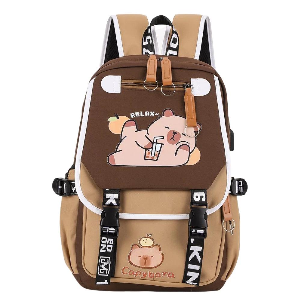 Capybara Flap Backpack with Pencil Case Fashion Casual Nylon Cute Bag Large Capacity Bookbag Animal Cartoon Daypack for Teens