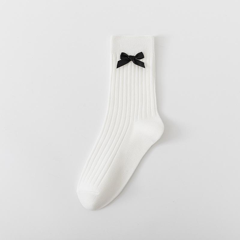 Ladies Fall Bow Ballet Style Solid Color Vertical Stripe Mid Tube Cotton Socks