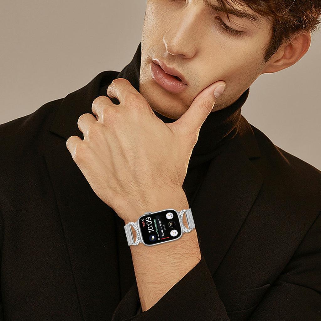 Uhrenarmband für Apple Watch Series 10 Ultra 9 8 7 SE 6 5 4 3 2 1 46 mm 49 mm 45 mm 44 mm 42 mm Milanese Silber Metallband Strass-Dekor