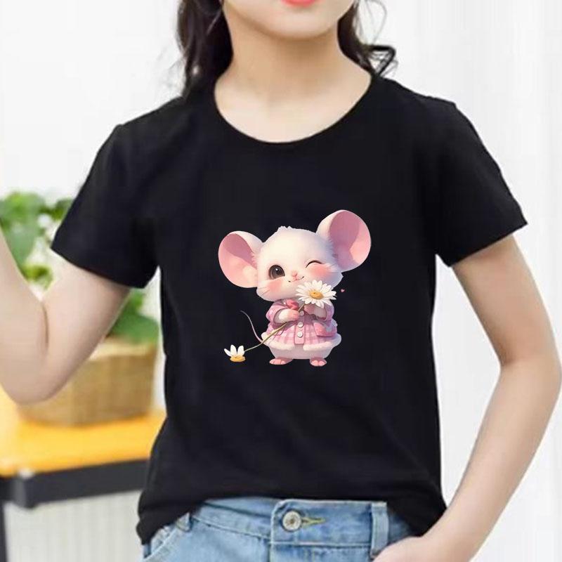 Kids Cotton T Shirt Little Mouse With Daisy Flower Print Crew Neck Short Sleeve Tee Casual Boys Girls Summer Tops