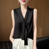 Spring and Summer New Style Smooth V-Neck Ribbon Sleeveless Backless Blouse for Women - Pure Color Pullover Design Top