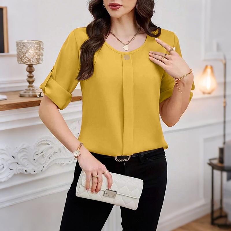 

ZANZEA Женская повседневная блузка с круглым вырезом, свободного кроя, однотонная, с рукавом до локтя 5XL жёлтый