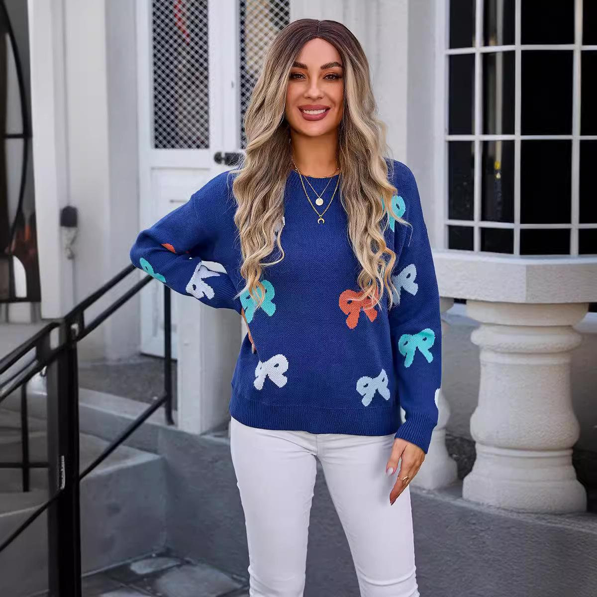 

Женский осенне-зимний вязаный джемпер с круглым вырезом и галстуком-бабочкой XL синий