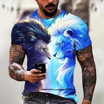 Summer Round Neck 3D Animal Lion Print Top Fashionable Casual Short Sleeved Men's T-shirts