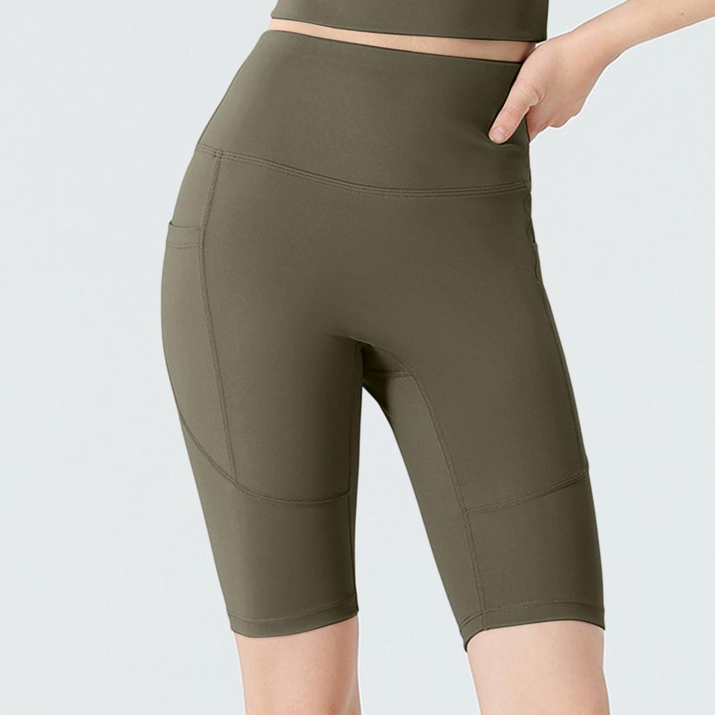 High Waist Running Shorts for Women Quick Dry Sports Biker Shorts with Hidden Pockets Compression Fit Five Inch Inseam Gym Yoga Tights