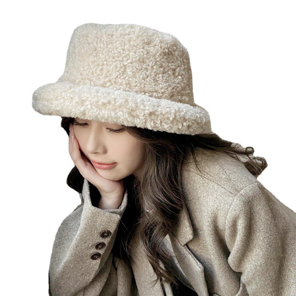 Lamb Wool Crimped Basin Hat Women's Autumn and Winter Face Small Dome Top Hat Fashion Versatile Warm Fisherman Hat