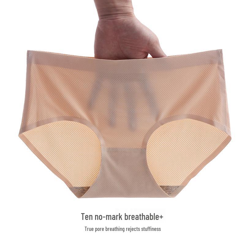 Ice Silk Seamless Breathable Mesh Mid-Waist Hollow Out Sexy Thin Women's Triangle Panties