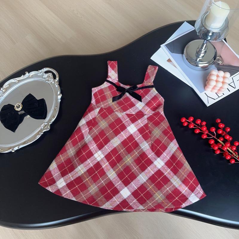 Girls  Sweet Retro Plaid Suspender Dress with Bow - Perfect for Autumn and Spring 90