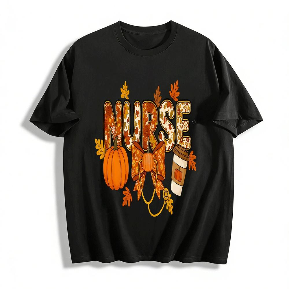 Fall Thanksgiving Themed Nurse Print Casual Top Pure cotton T-shirt XXS