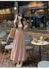 Women's Sweet Pink Ruffle Sleeve Square Neck Cinched Waist Long Dress - Summer 2026