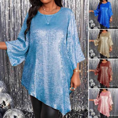 Top Girocollo Manica a Nove Quarti Blusa Media Lunghezza Scintillante Irregolare