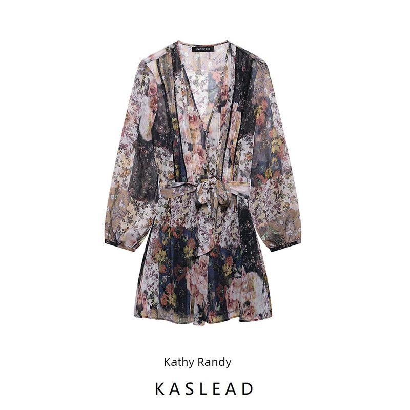 Kaslead New Women Clothes Western Style Fashion with Belt Print Mini Dress 2469117