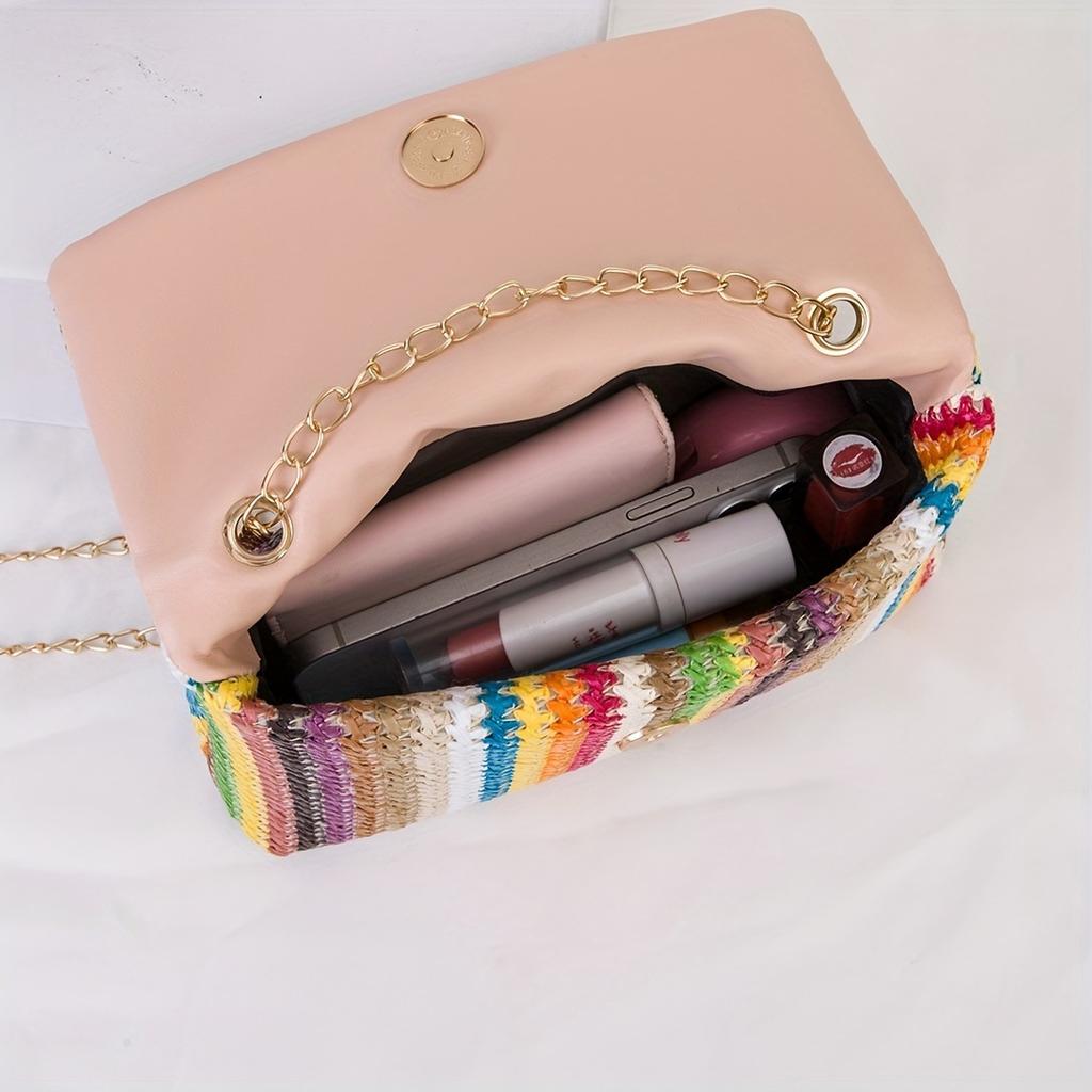 Women's Fashion Tassel Straw Crossbody Bag, Casual Striped Square Shoulder Bag, Classic Flap Purse for Daily Use