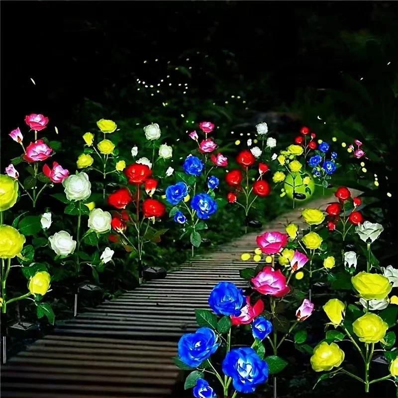 Outdoor Solar LED Lawn Lamp Artificial 5 Heads Rose Flower Holiday Garden Ground Light Wedding Party Yard Patio Lawn Home Decor