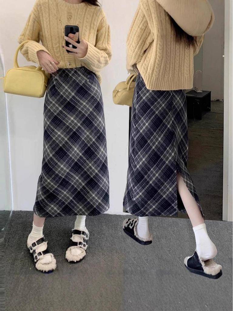 Dragon Phoenix Elastic Waist Plaid Skirt - Mid-Length, High Waist, Slim Fit, Versatile Women's Skirt for Autumn and Winter