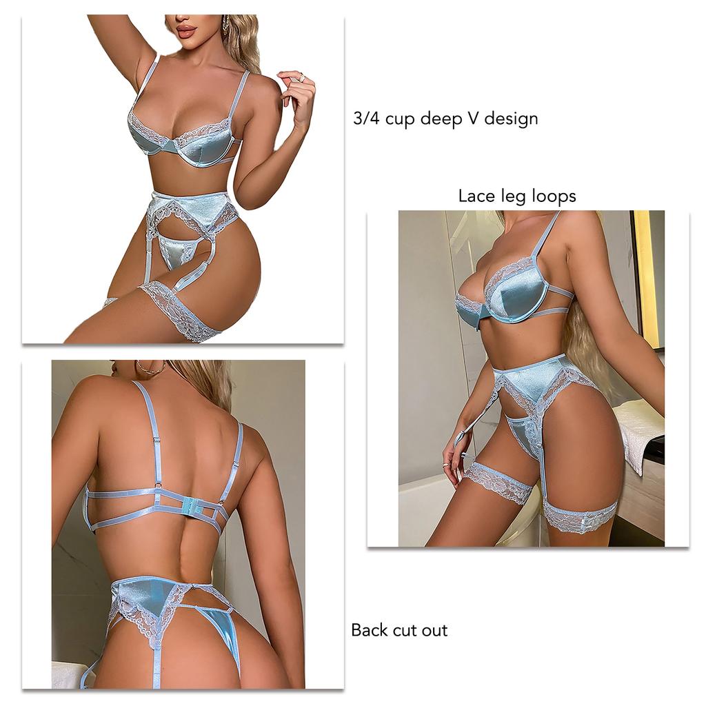 Lace Garter Lingerie Sets with Bra Garter Belt Leg Rings Lingerie Panty Breathable Soft Lace Underwear Set for Women