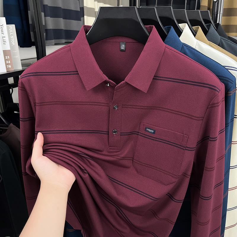 Men S Striped Long Sleeve Polo Shirt For Middle Aged Spring Autumn