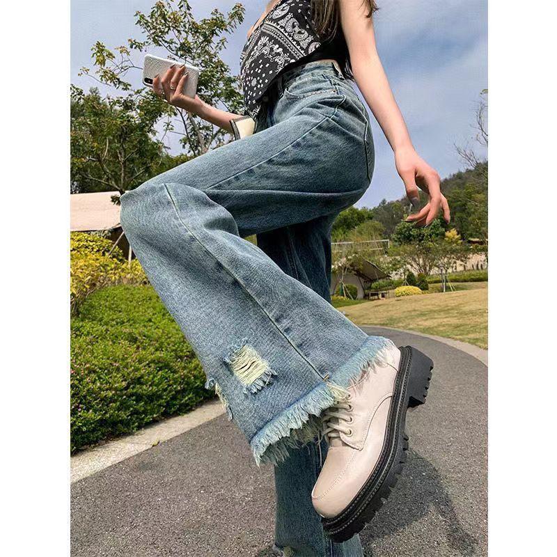 

Рваные джинсы женские осенние новые прямые с высокой посадкой супер облегающие широкие брюки для швабры брюки папочки XS