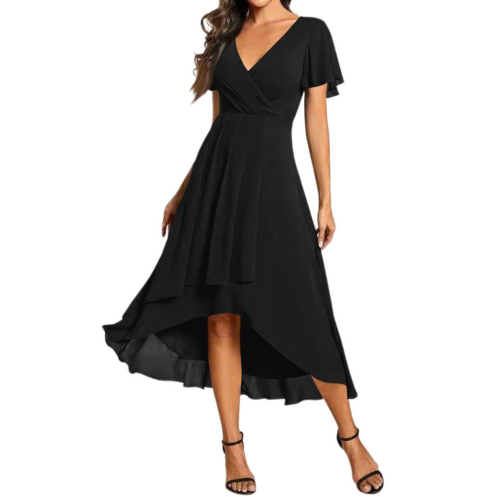 Women's Summer Dress Slim Fit Dress Color Chiffon V Neck Short Sleeved Dress