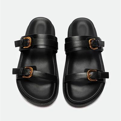 Luxury Platform Slippers for Women Summer High Quality Soft Leather Metal Buckle Slide Sandals Beach Flat Shoes