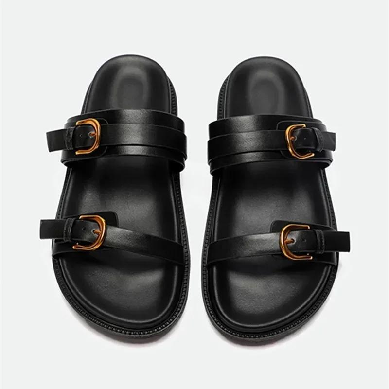Luxury Platform Slippers for Women Summer High Quality Soft Leather Metal Buckle Slide Sandals Beach Flat Shoes
