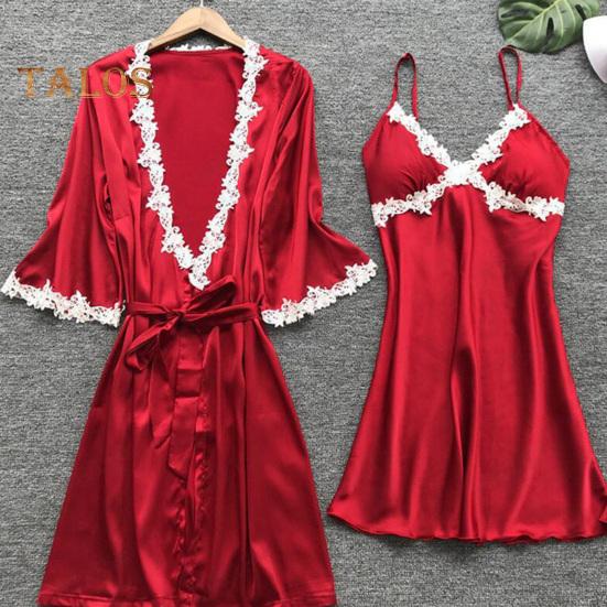 5 Pcs/Set Women Pajamas Suit Nightgown Nightdress Top Shorts Pants Set Silky Satin Lace Patchwork Loose Lace-up Waist Thin Women Homewear Set