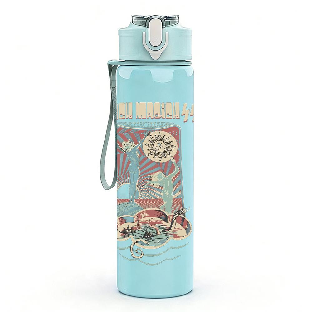 1PC Faint vertical band sketch print 750ml colorful plastic sports water bottle leakproof pop up lid with straw for outdoor work home use