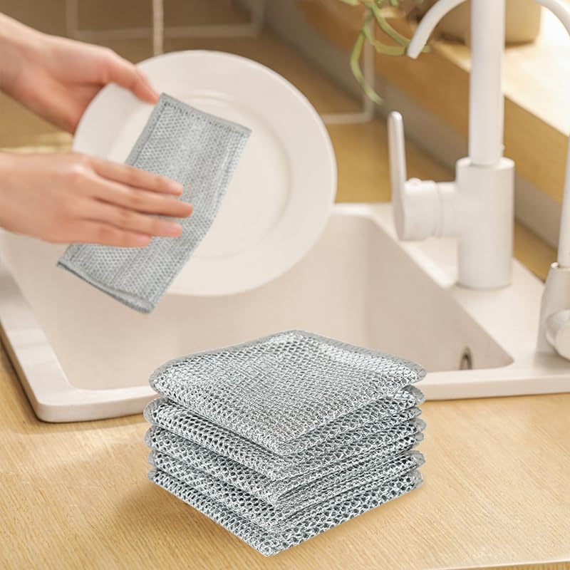 10pcs Wire Dishwashing Rag, Non Scratch Wire Dishcloth, Multipurpose Wire Dishwashing Rags for Wet and Dry, Sliver Grey