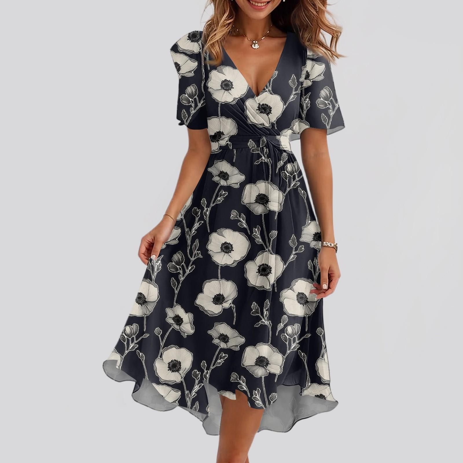 

Женское свободное повседневное платье с V-образным вырезом, расклешенная юбка, короткие рукава, напечатанное платье с принтом L чёрный