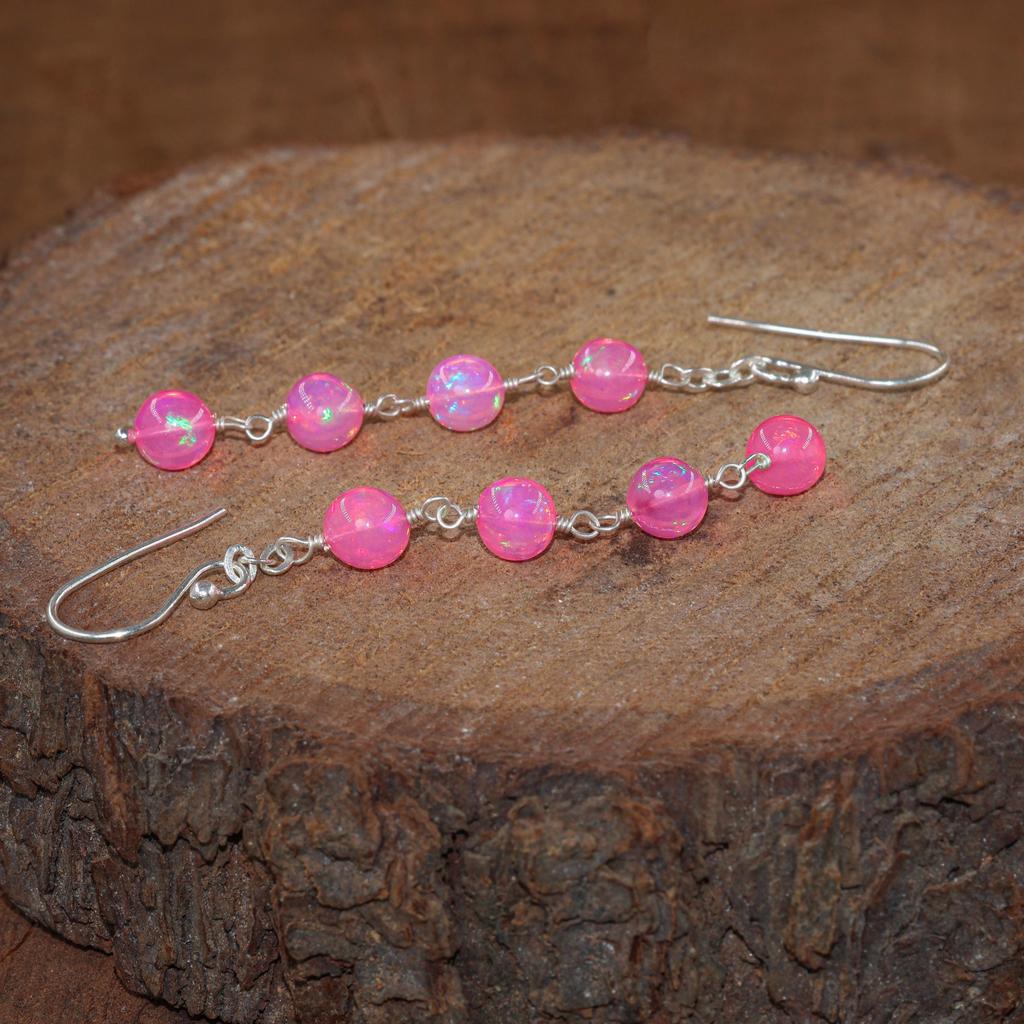 Natural Pink Opal Gemstone Dangle Earring, Multifire Opal Round Beads Earrings, Fire Opal Smooth Beads Earring for Her, Handmade Earrings