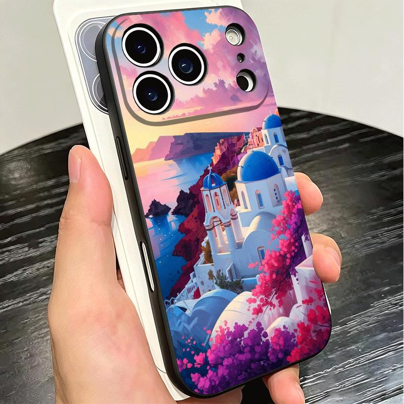 Santorini Greece Summer Soft Phone Case for iPhone 16 16E 17 Air 15 Pro Max 14 Plus 13 Mini 11 12 7 Black Cover Back Shell