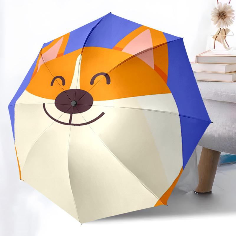 1PC Corgi, Smiley Automatic Windproof Umbrella 8 Rib Portable Folding Black Iron Frame for Outdoor, Beach, Travel, Beach Umbrella,S41