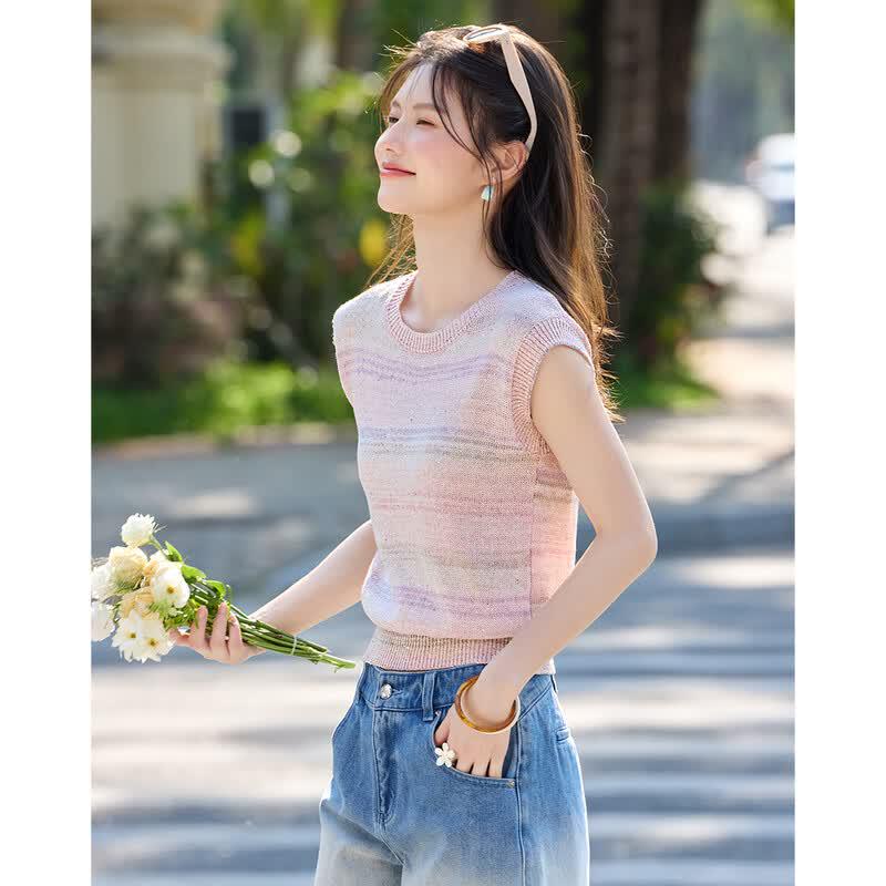 Women's Summer Dopamine Round Neck Breathable Cap Sleeve Knit Top