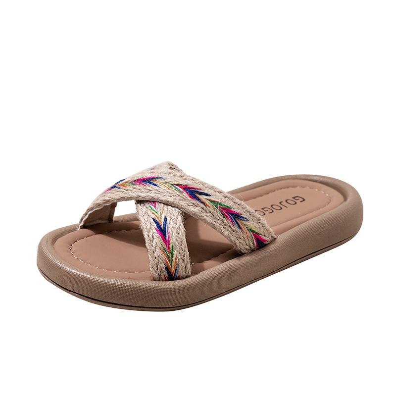 

Пляжная обувь для девочек Сладкие элегантные детские сандалии Нескользящая мягкая подошва Ретро 2025 Лето Новые детские тапочки Уличный этнический стиль Инс 26 льняной