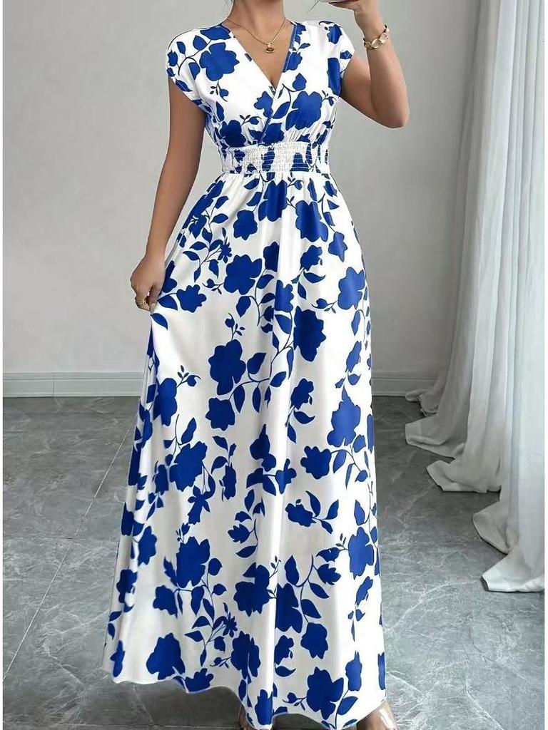 2025 Women's V-Neck Short Sleeve Tie-Up Dress with New Print - Spring/Summer Waist-Cinching Long Dress