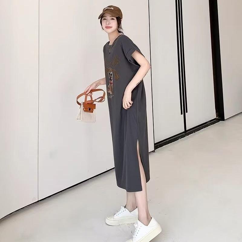 Cartoon Dog Print Short-sleeved Loose-fitting Slimming and Lazy Style Slit Female Dress