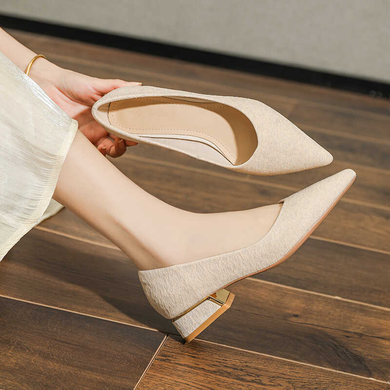 Thick Heel Pointed Head Shallow Mouth Foot Cover Spring Single Shoes Women's 2025 New Low Heel Fashion Late Evening Wind Bridesmaid Women's Shoes