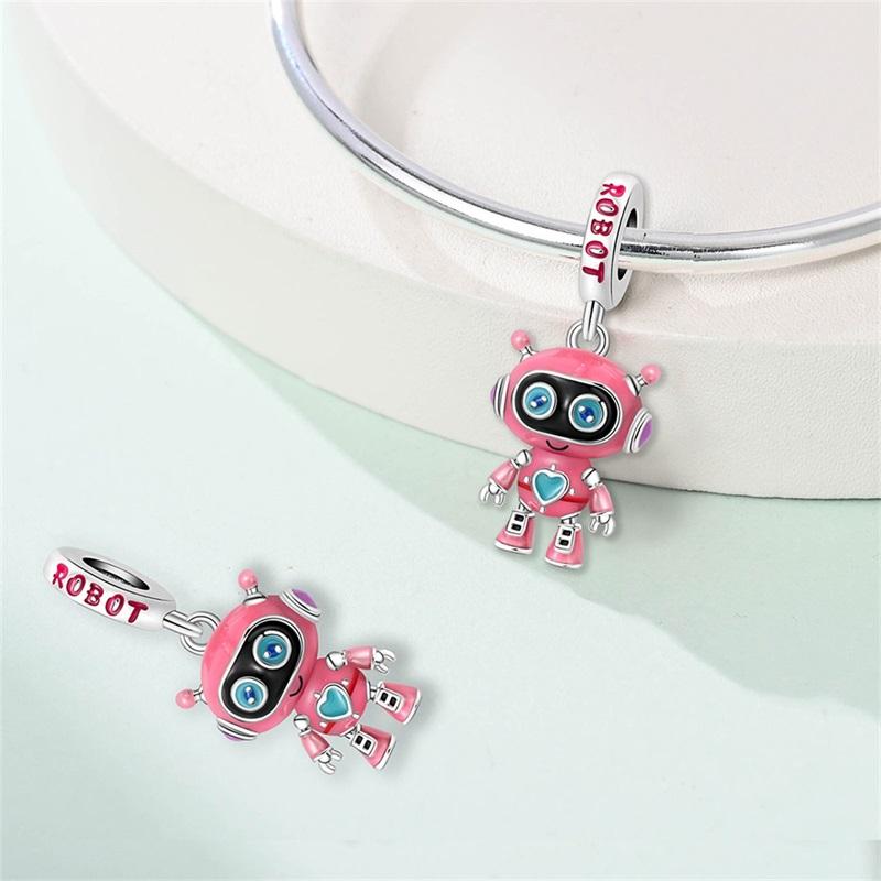 New In Original Charms Copper Sweet Pink Robot Charm Beads Fits 3Mm Original Bracelets For Womens Diy Fine Jewelry Gift
