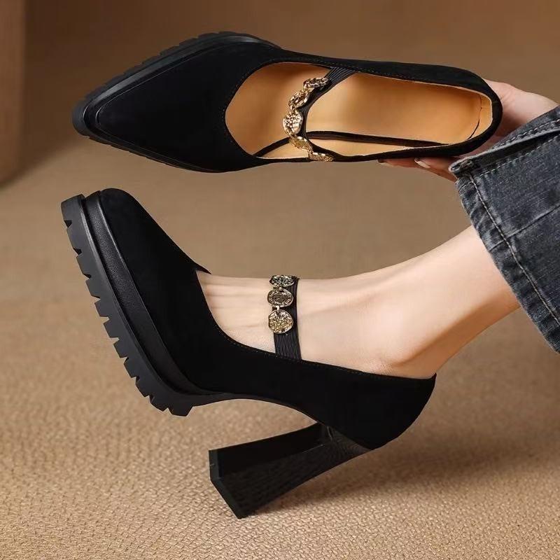 Fashion Platform Metal Buckle Foot Anti-slip Wear-resistant High Heels Autumn New Pointed Toe Shallow Mouth Anti-slip Single Shoes