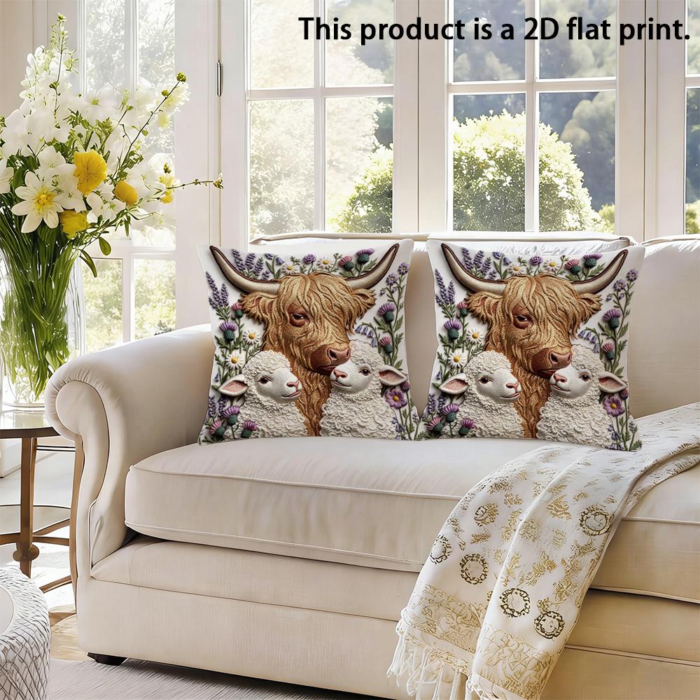 2pcs Highland Cow and Lambs Floral Throw Pillow Cover 2D Flat Print Farmhouse Soft Cushion Case for Home Sofa Decor