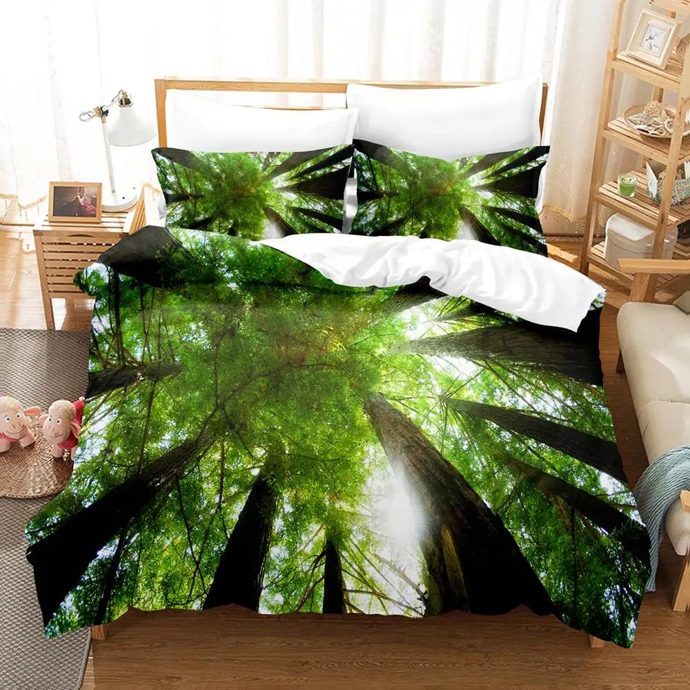 Forest Soft Duvet Cover Set,Forest Featuring Shaded Tres Dreamy Wodlplus Scene,2/3pcs Nature Scenery Beding Set Quen Sized Dimensions,Gren Brown