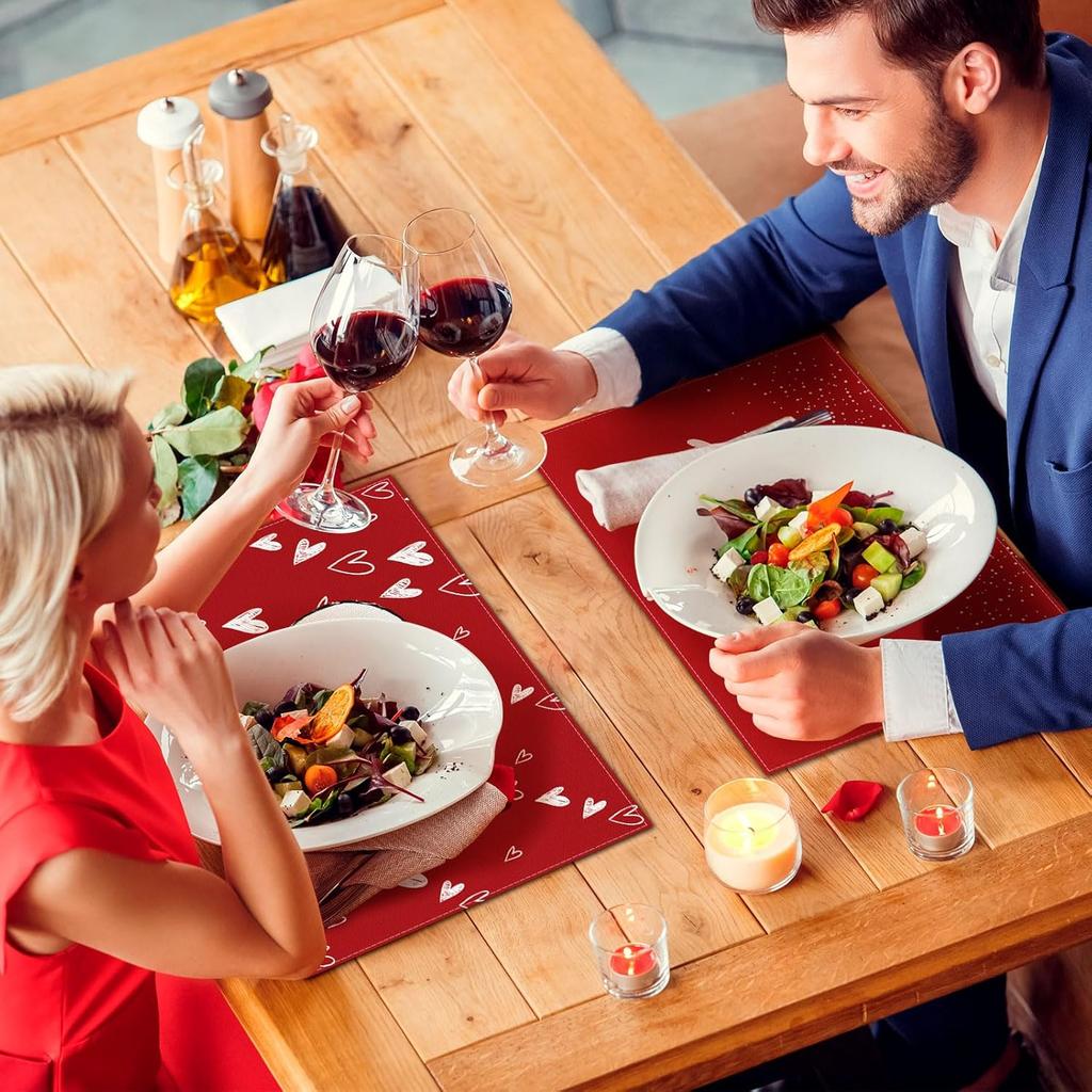 Red Love Valentine's Day Placemats Set of 6, Love Heart Seasonal Farmhouse 12 x 18 Inch Anniversary Wedding Holiday Table Mats for Dining Table Party
